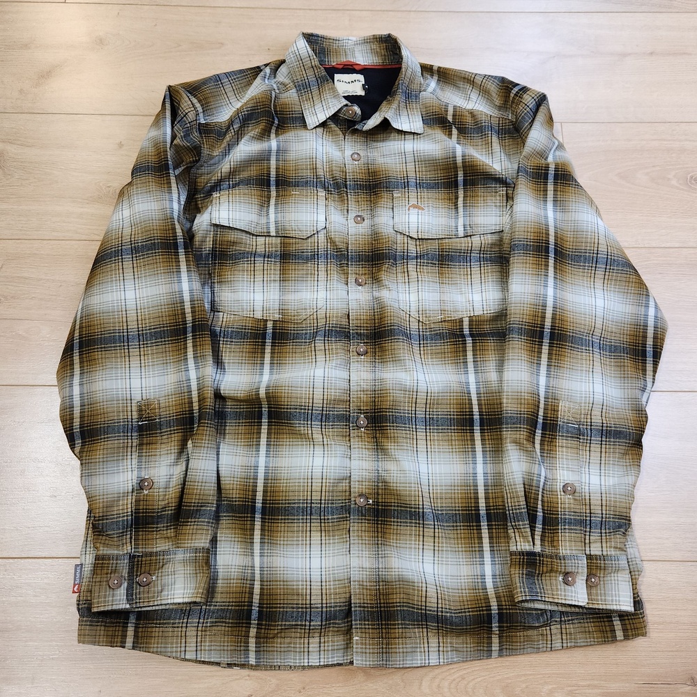 Simms ColdWeather Shirt Mens Large Brown Plaid Button Up Lined Outdoor Fishing